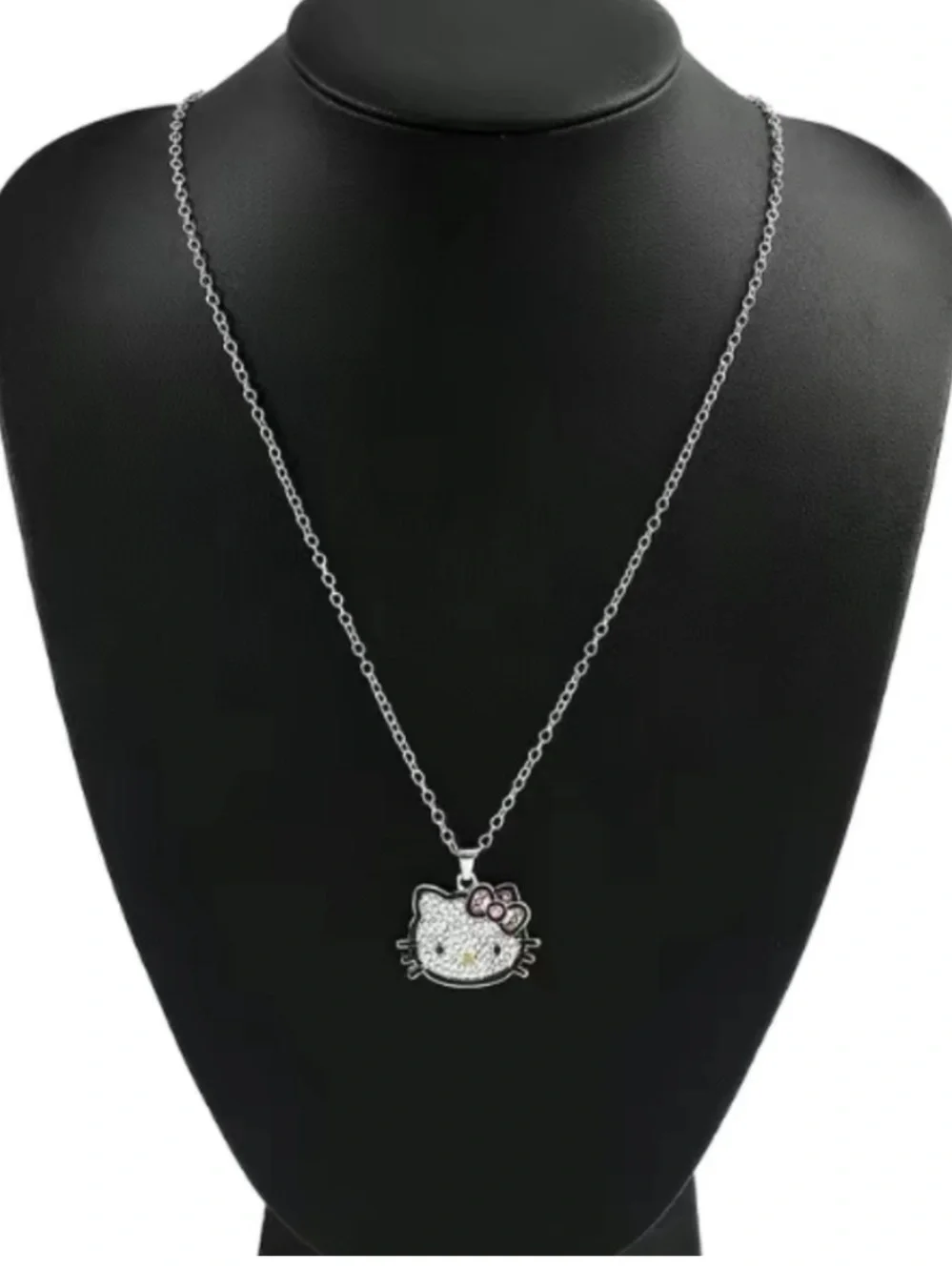 Hello Kitty Silver Tone Chain Cubic Zirconia Crystal Pendant Necklace with Box